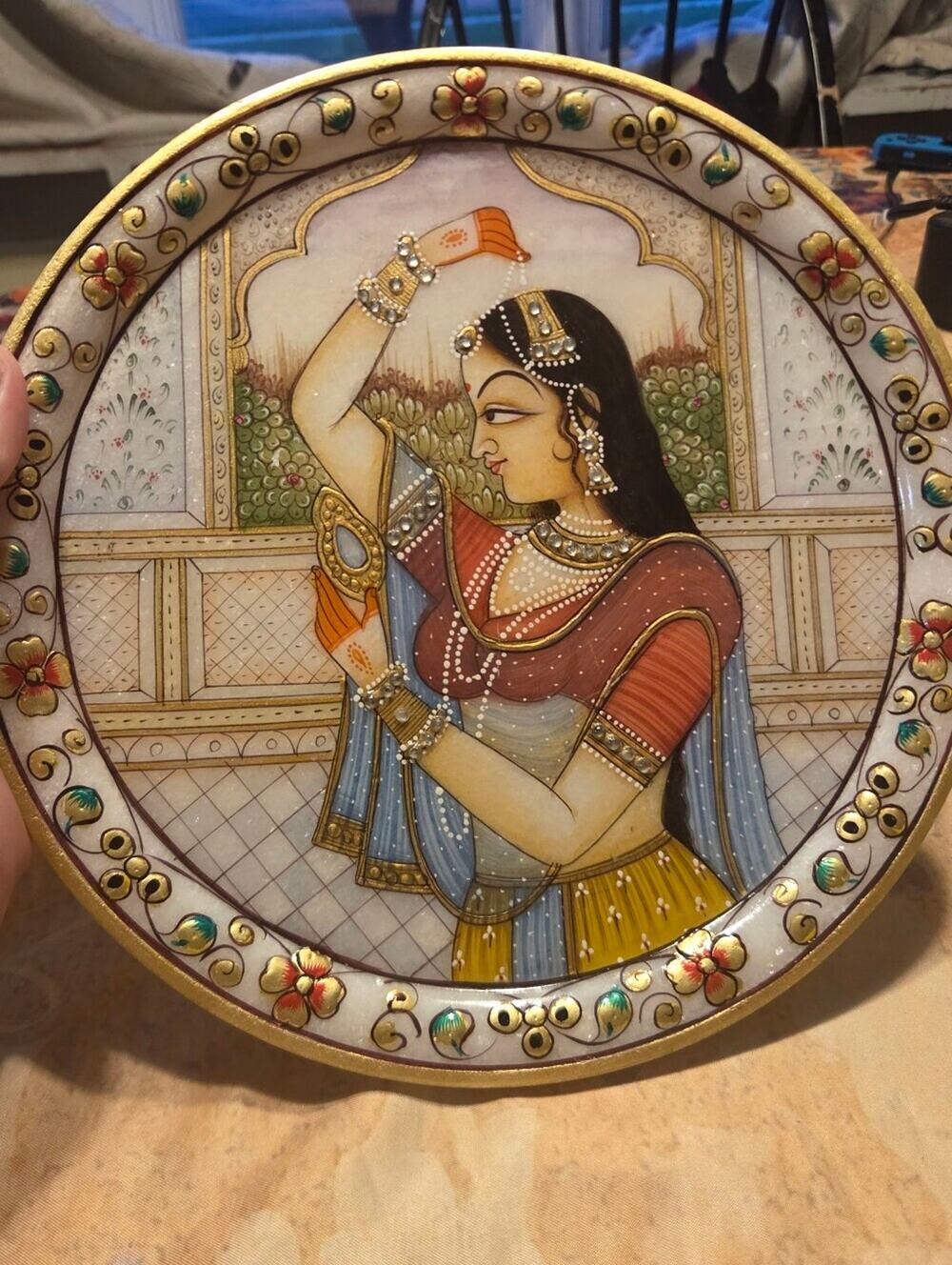 Handcrafted Traditional Marble Plate with hand Painted Indian Bride for Decor 